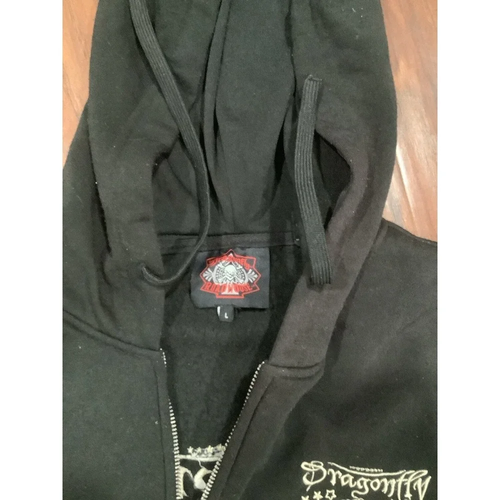 Dragonfly Rock N' Soul Zip Up Hoodie Jacket Men's Black Size L Embroidered